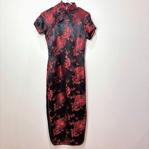 VTG Black Red Fire Dragon Cheongsam Qipao Silk Dress S Asian Mandarin Whimsigoth